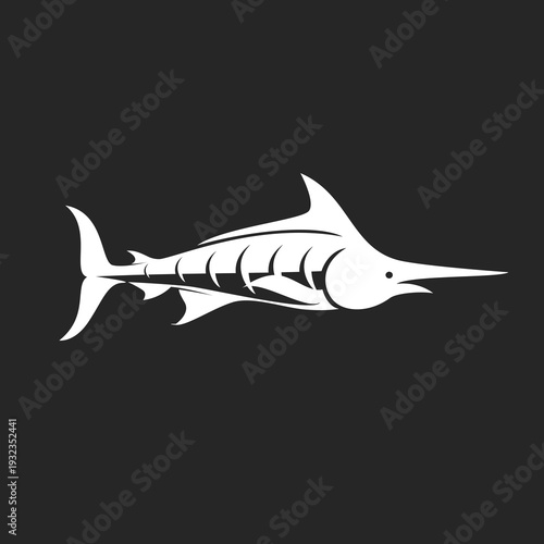 White Marlin Fish Vector Silhouette Logo. Stylized Graphic Illustration of a Swordfish on Black Background.