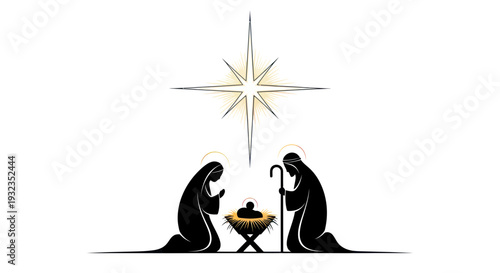 Nativity Scene Silhouette: Mary, Joseph, Baby Jesus, and Star of Bethlehem