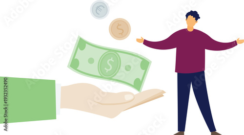 A hand grips money with a man standing next to it, suggesting a moment of financial interaction.