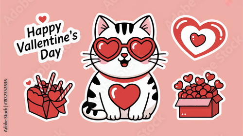 Valentine's day cat with heart glasses and gifts on pink background