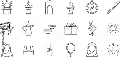 Ramadan Islamic line icon collection with mosque lantern prayer hands tasbih drum gift box compass and traditional Muslim religious symbols isolated on white background
