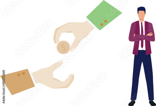 A coin is being transferred from two hands to another person, representing a gesture of giving or exchange.
