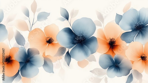 soft pastel blue and peach flowers with translucent leaves on a light background, delicate calming romantic floral composition
