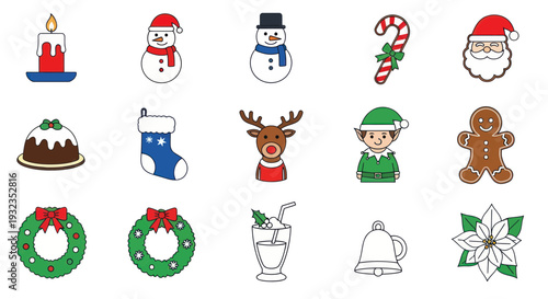 Christmas Icons Collection: Santa, Snowman, Reindeer, Elf, Stocking, Wreath, Candle