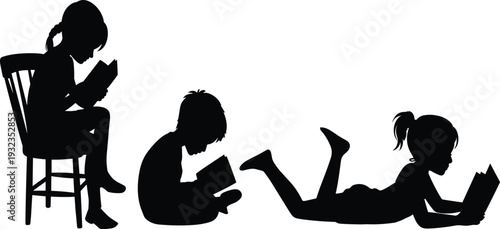 Children reading books silhouettes collection set, happy kids studying and learning, early childhood education and literacy