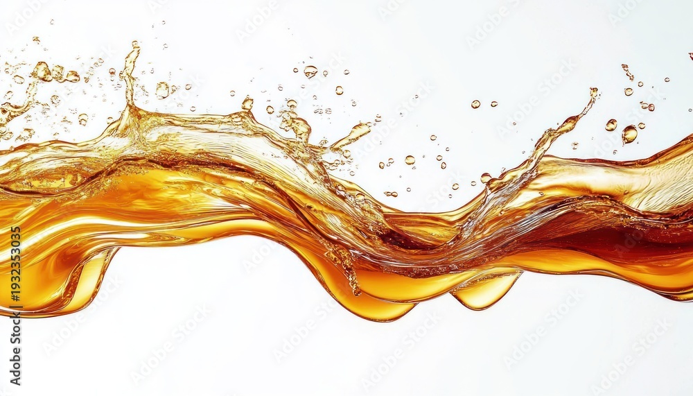 Fototapeta premium dynamic golden amber liquid splash with suspended droplets and flowing wave on a white background conveying energy and motion