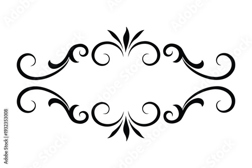 Black symmetrical ornate flourish with swirls and leaf accents on white background