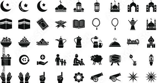 Islamic Ramadan black silhouette icon collection with crescent mosque Kaaba Quran lantern prayer hands charity family and traditional religious symbols isolated on white background