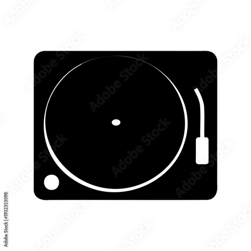 A simplified black and white drawing of a vintage vinyl record player