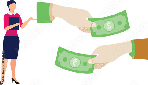 Two hands are giving cash to a woman, symbolizing a financial transaction or assistance.