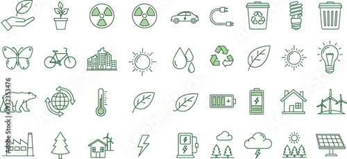 Green eco friendly line icon set with renewable energy recycling electric car solar panel sustainability and environmental protection symbols isolated on white background