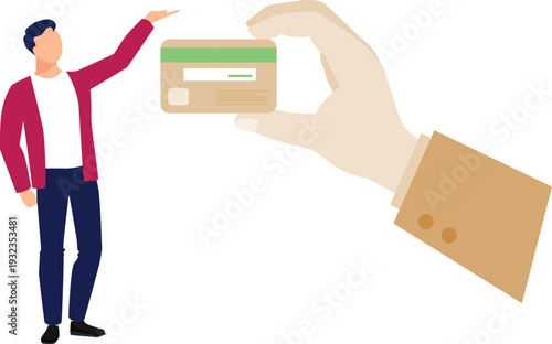 A man with a credit card points at another individual, indicating something important.