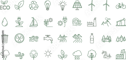Eco green energy line icon set with recycling solar panel wind turbine water conservation factory and environmental sustainability symbols isolated on white background