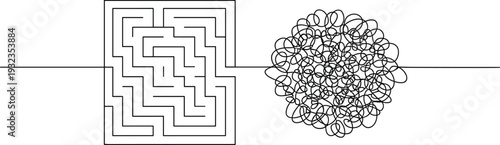 Abstract Continuous Line Art Visualizing Complexity to Clarity Transition through Maze and Scribble for Problem Solving and Psychotherapy
