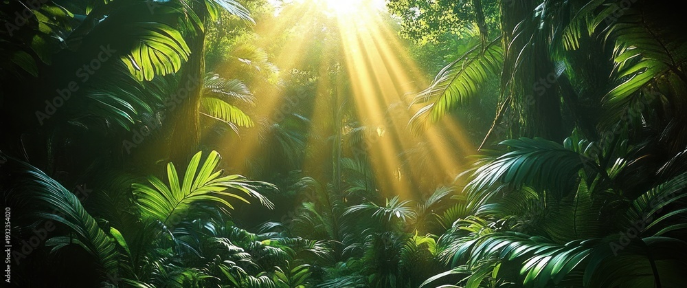 Fototapeta premium sunlit tropical jungle with dense palm fronds and lush green foliage, serene golden beams piercing the canopy
