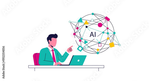 Professional man engaging with an intricate artificial intelligence network representing global data and technological advancement in a modern business context