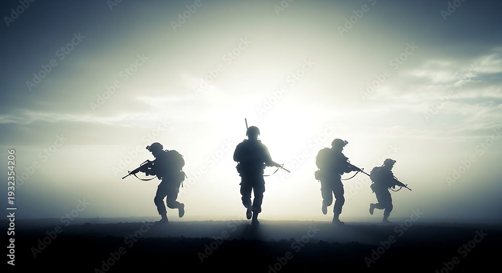 Fototapeta premium Military Soldiers Running Silhouette Sunset Terrain