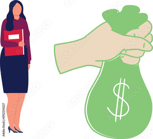 A woman displays a money bag with a dollar sign, representing financial prosperity and economic opportunity.