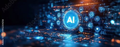 glowing ai core with holographic data icons and neon circuit board, futuristic digital network conveying innovation and dynamic energy