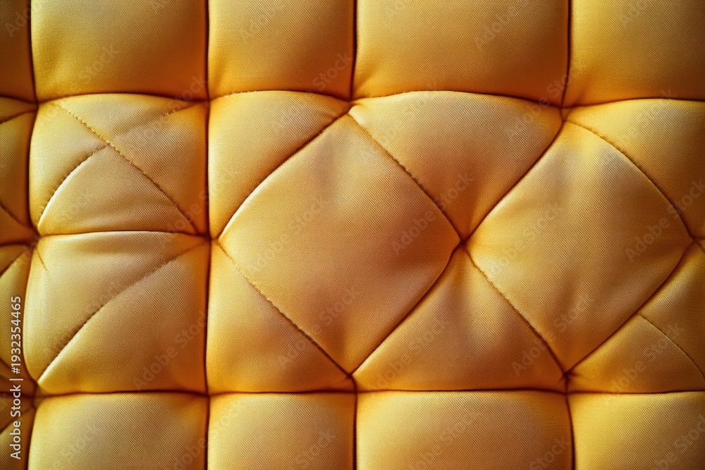 Fototapeta premium close-up of tufted golden yellow quilted upholstery with diamond stitching, plush warm and inviting texture