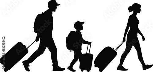Family walking with suitcases silhouettes collection set, happy travelers pulling luggage bags, vacation and holiday trip