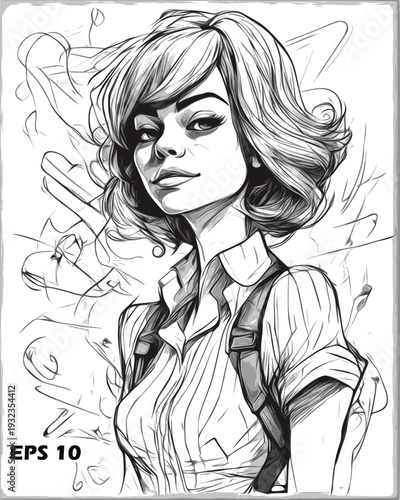 Modern Female Character Portrait Sketch. Stylized Vector Illustration of a Young Woman with Short Wavy Hair and Professional Attire