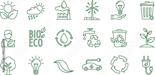 Green bio eco sustainability line icon set with recycling renewable energy electric car leaf factory water and environmental protection symbols isolated on white background