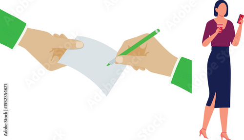 A woman with a pen receives a paper from a man, indicating a moment of teamwork or discussion.