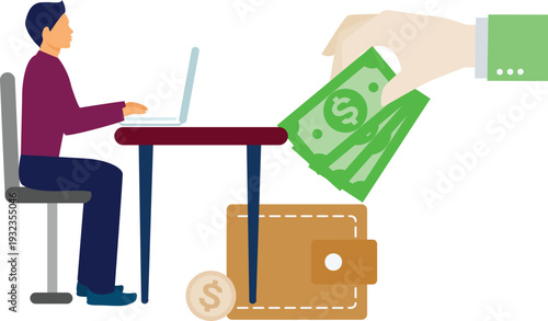 A person seated at a desk, working on a laptop with stacks of money beside them.