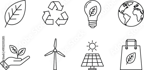 Eco sustainability line icon set with leaf recycling bulb globe wind turbine solar panel and environmental protection symbols isolated on white background