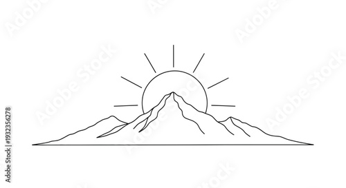 Simple Line Drawing of Mountain Landscape.