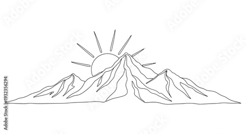Simple Line Drawing of Mountains and Sun 1.