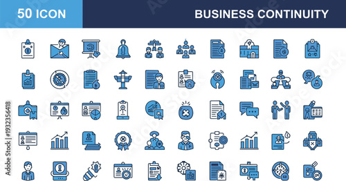 Comprehensive Blue and Black Business Continuity Icon Set Featuring 50 Linear Symbols for Risk Management Strategy and Organizational Resilience