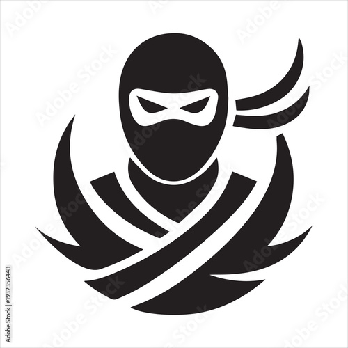Modern ninja logo silhouette, ninja mid sprint with sword ready position, sharp angular lines suggesting speed, simple black flat vector on white background