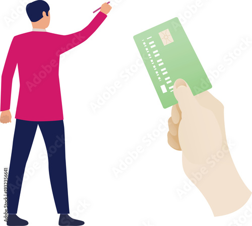 A man gestures towards someone else, holding a credit card in his other hand.