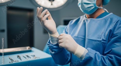 Surgeon in sterile blue scrubs and mask putting on surgical gloves in an operating room, preparing for a procedure.