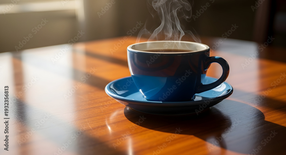 Fototapeta premium A blue coffee cup on a wooden table with steam rising