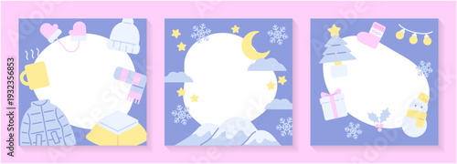 冬 フレーム 背景素材｜雪とクリスマスモチーフのフラットベクターイラスト