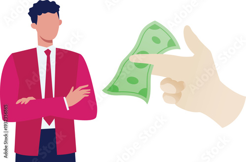 A man in a suit points at a hand holding money, emphasizing a financial transaction or agreement.
