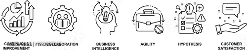 Strategic Business Operations and Management Icon Set Featuring Continuous Improvement Collaboration Agility and Customer Satisfaction for Corporate UI