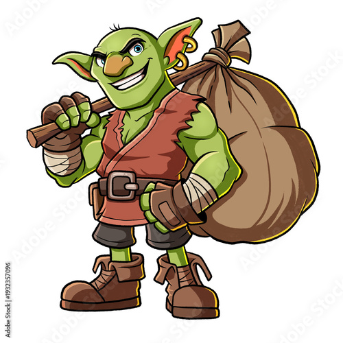 Obraz na płótnie Sneaky Goblin Thief Carrying Sack Fantasy Cartoon Character