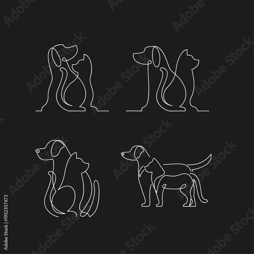 Continuous Line Art Pet Design Set Featuring Dogs and Cats