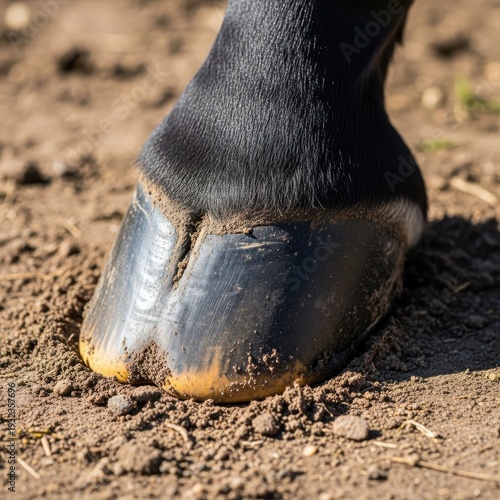 Close up of a healthy horse hoof showing the wall, sole, and frog structure resting naturally on dirt ground during daytime outdoors, natural, ungulate, large