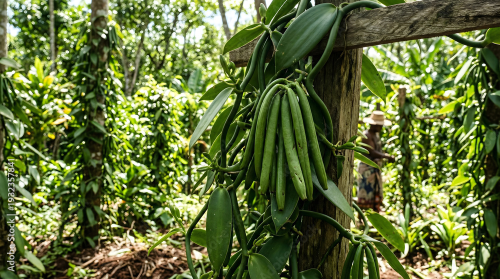 Obraz premium Fresh green organic leaves grow on a garden fence alongside healthy vegetable crops like peas and peppers in a lush summer agriculture field