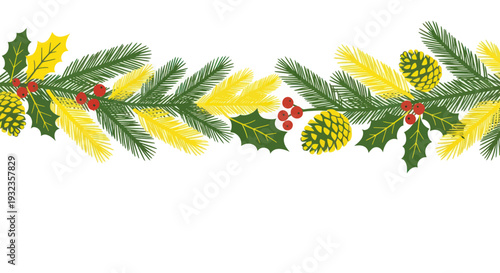 Festive Christmas Garland Border with Pine Cones, Holly and Fir Branches