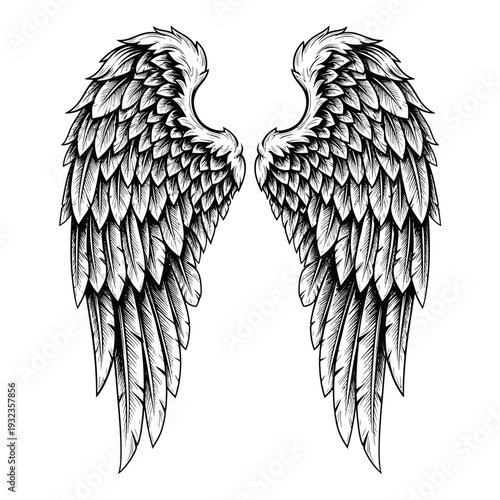 Hand-drawn angel wings illustration, vintage sketch style, isolated on white background.