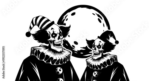 Scary Skeleton Clowns with Moon Background - Horror Halloween Art