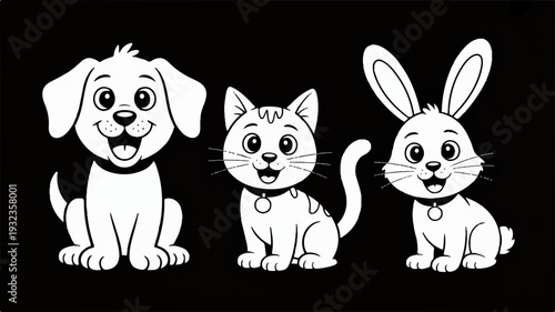 Friendly dog cat and rabbit cartoon characters sitting together on black background