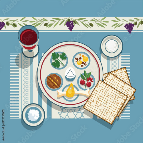 A colorful, top-down illustration of a Passover Seder table setting