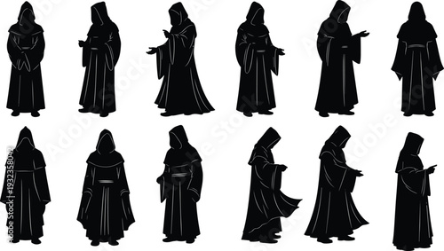 Black hooded figure silhouettes in long robes, mysterious cloaked characters in various poses, fantasy illustration for concept art, medieval design, ritual, and mystical themed projects